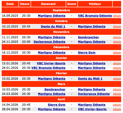 Calendrier des matchs de Martigny détente Team 1